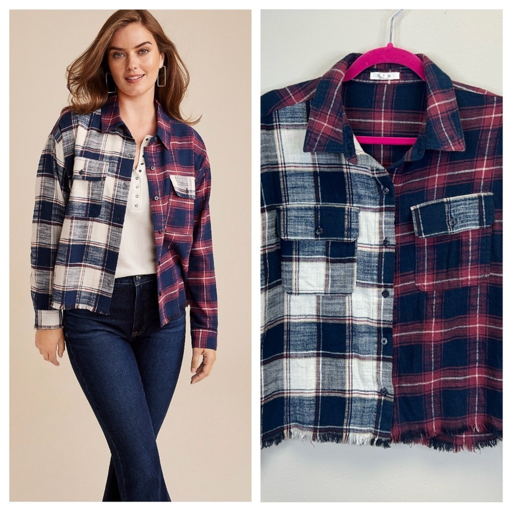 Maurices S Red and Blue Plaid Shirt Frayed Hem Western Casual Cowgirl 90s Grunge